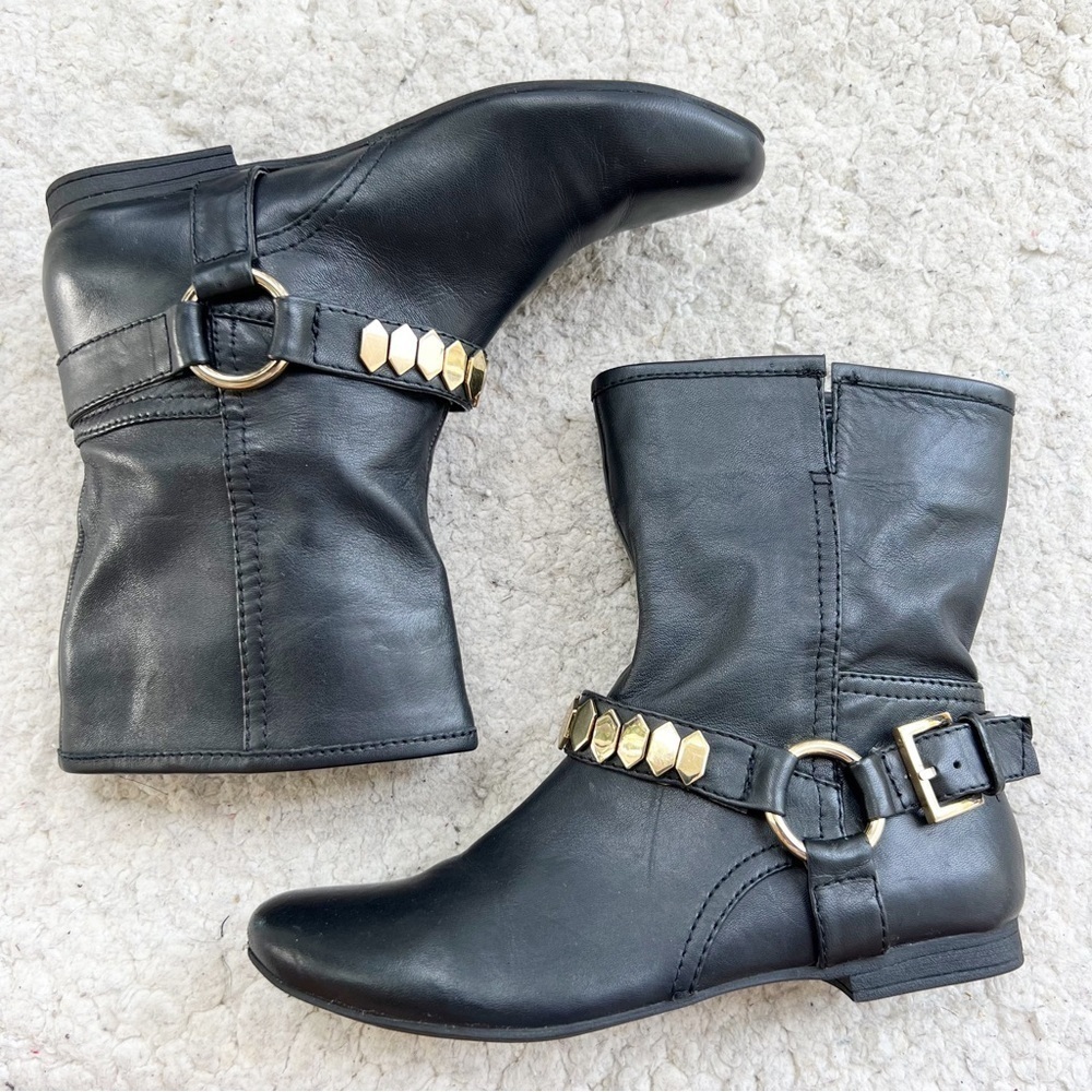 Nine West Emilianao Vintage American Motto Black Leather Buckle Ankle Boot